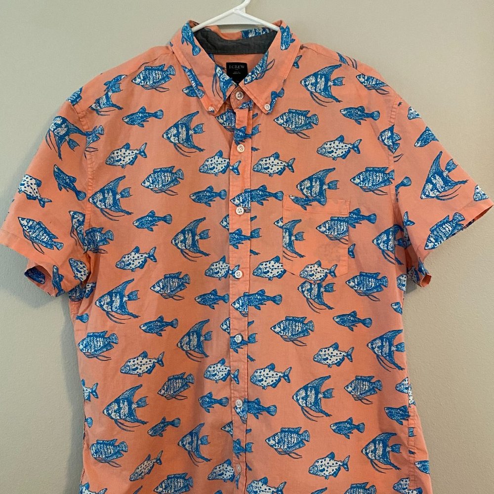 J. Crew Short Sleeve Button Down Shirt - Coral w/ Blue Fish - XL